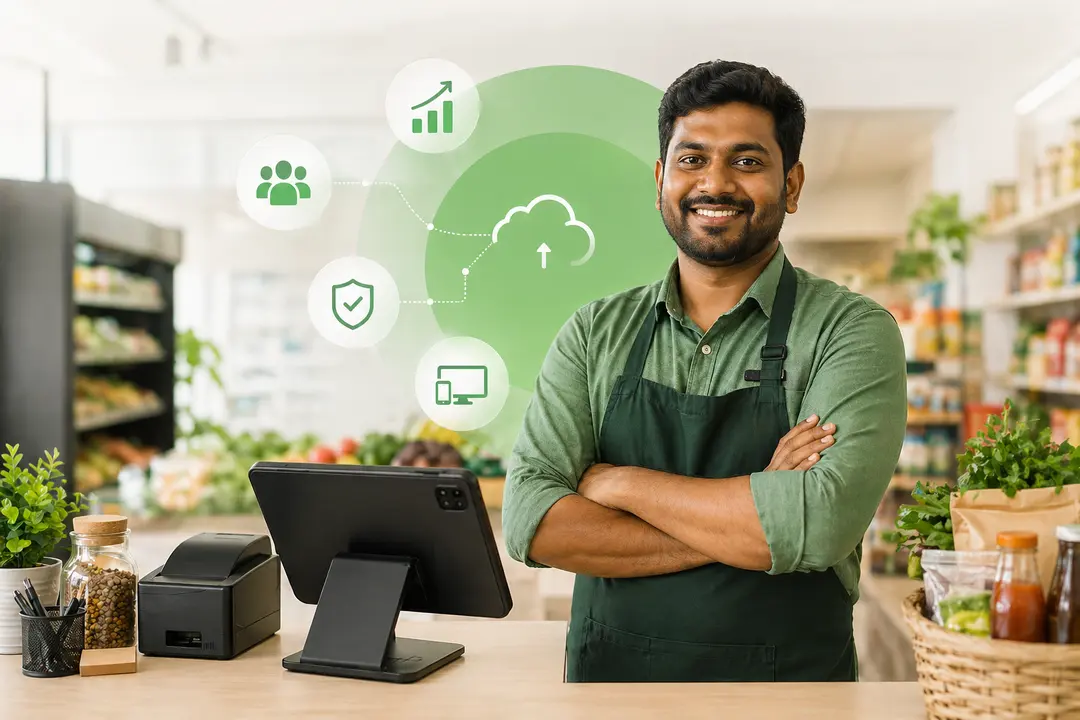 LightPOS daily dashboard on a smartphone screen showing today's total sales, top selling products, and outstanding credit amounts