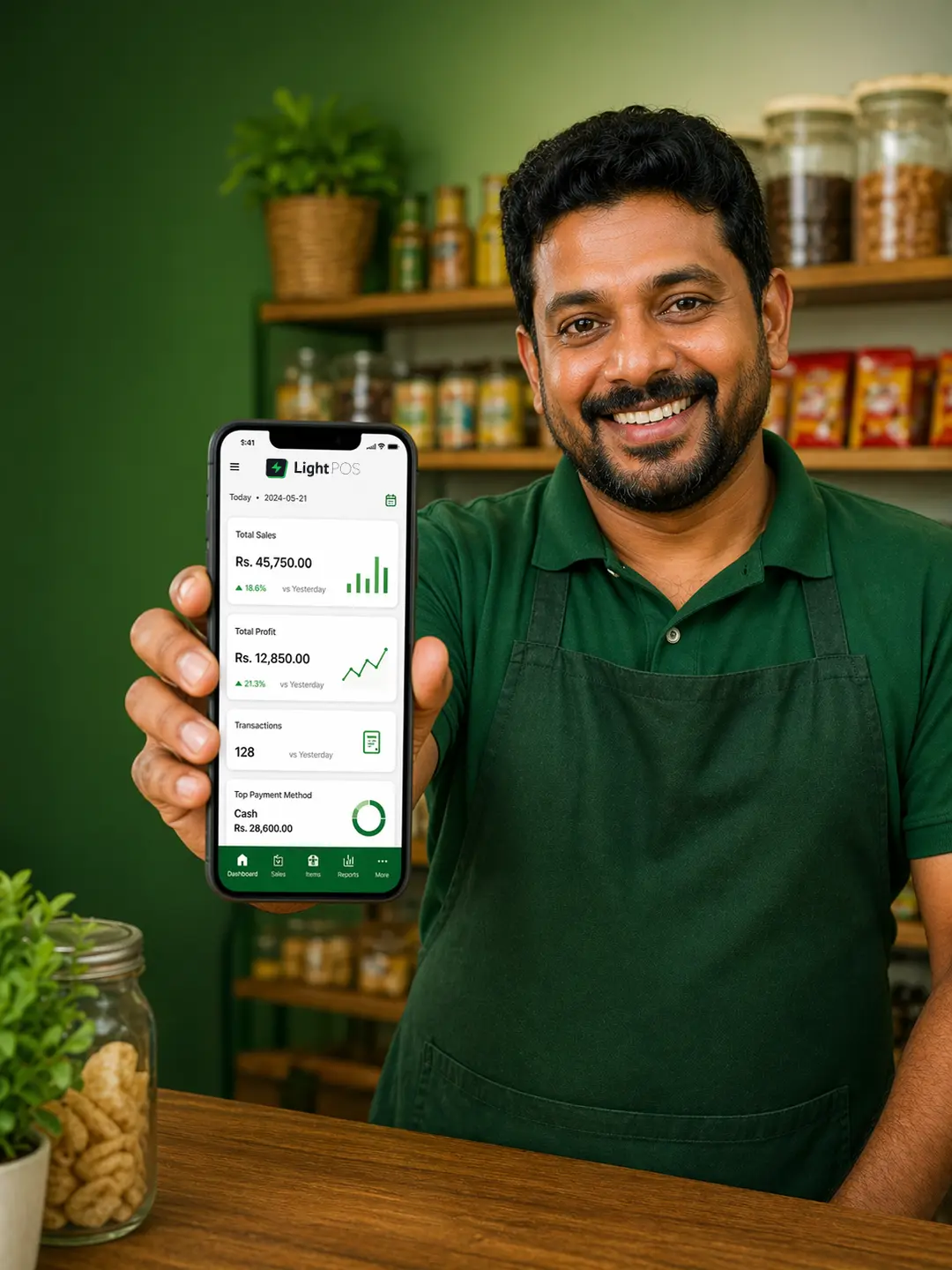 A Sri Lankan small business owner smiling while looking at daily profit and sales reports on LightPOS displayed on a smartphone